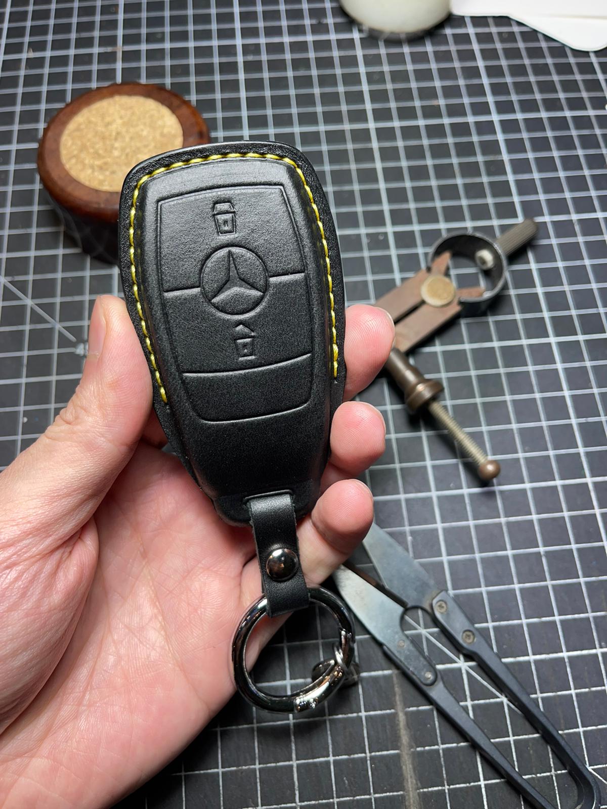 Mercedes Benz 2 Button covered Leather Key Fob Cover A B C G CLA S Class  — Addison Auto Retrofits
