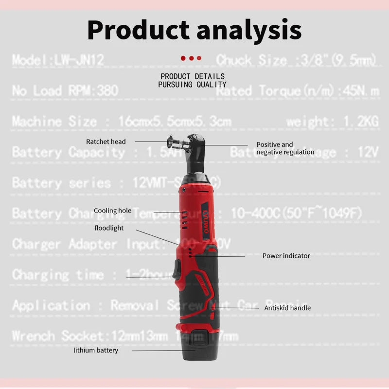 12V Cordless Right Angle Electric Ratchet 45NM 3/8 Inch + FREE Carry case + 4 Sockets FREE
