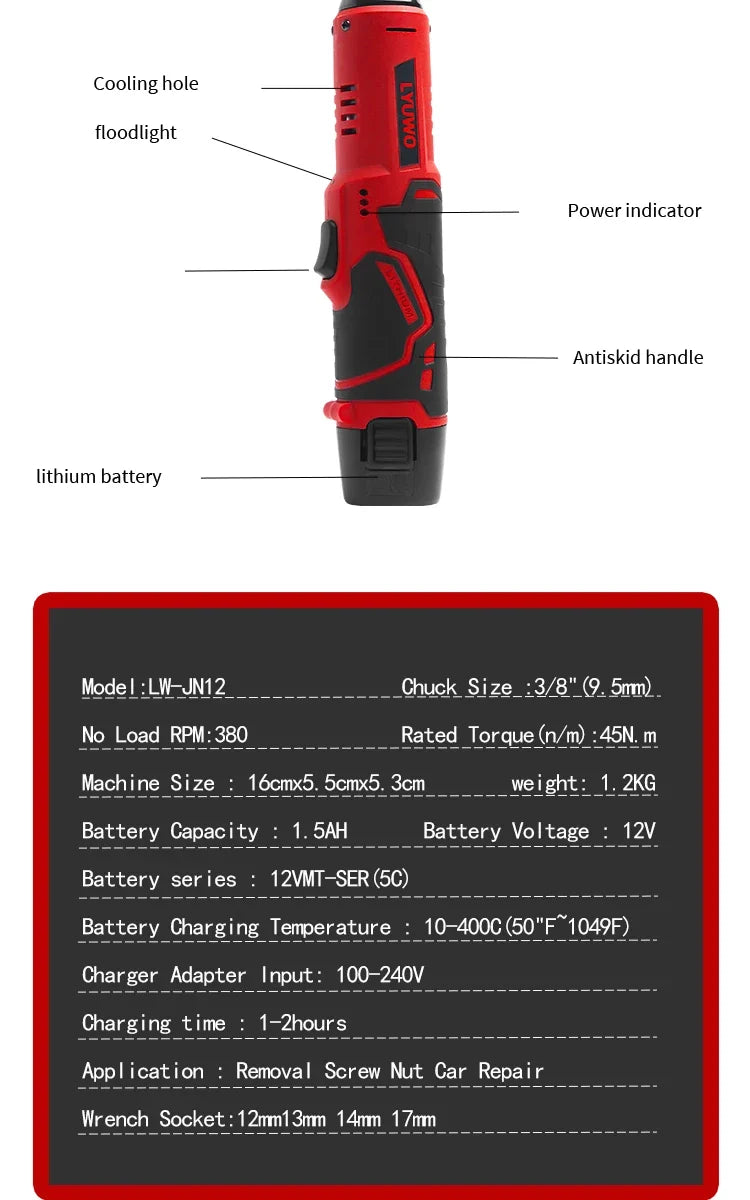 12V Cordless Right Angle Electric Ratchet 45NM 3/8 Inch + FREE Carry case + 4 Sockets FREE