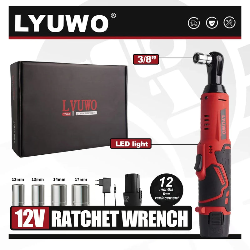 12V Cordless Right Angle Electric Ratchet 45NM 3/8 Inch + FREE Carry case + 4 Sockets FREE