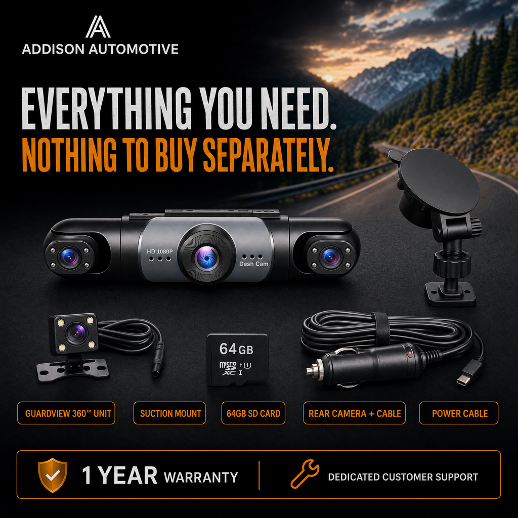 Addison GuardView 360 - whats included, unit, mount, rear camera, 64GB SD card