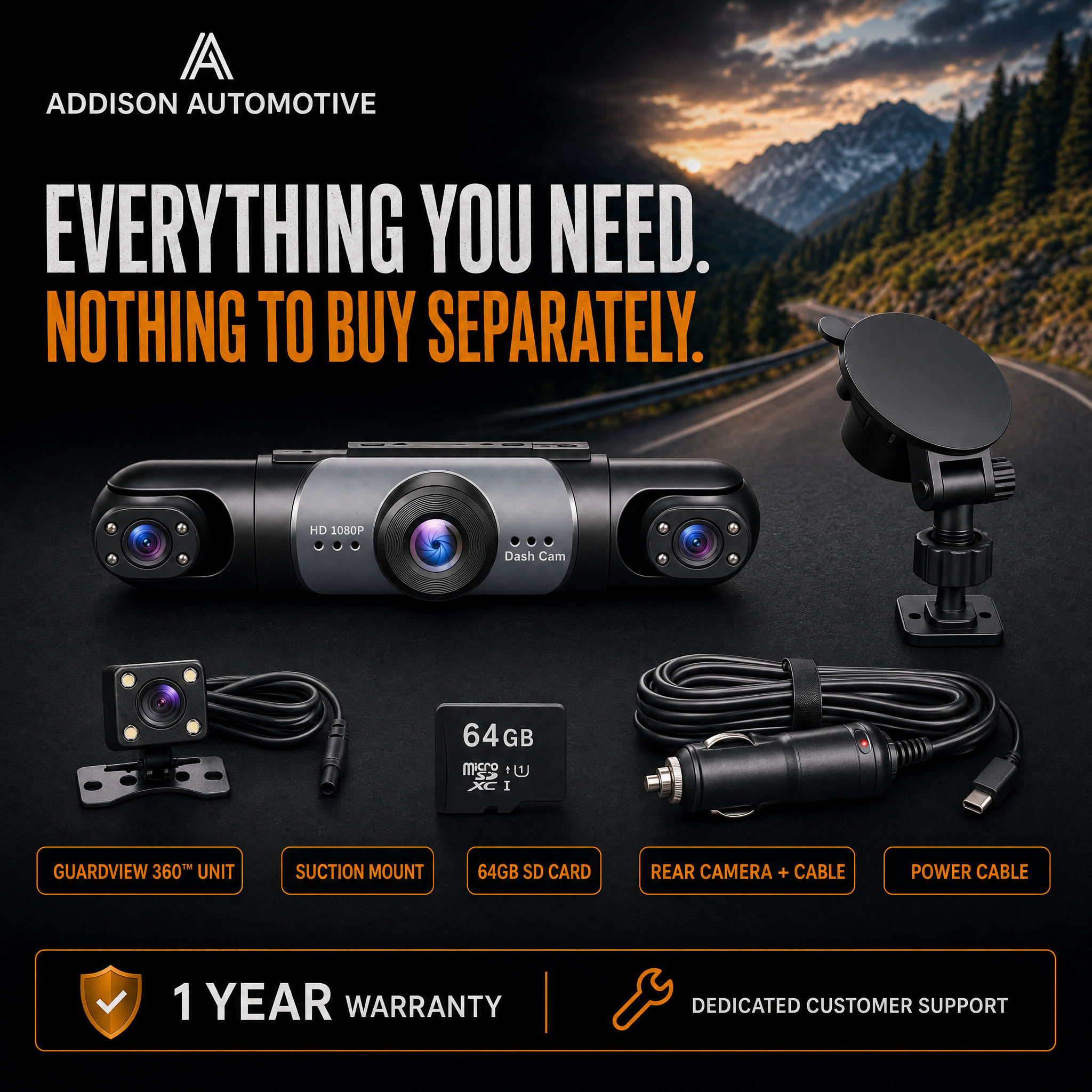 Addison GuardView 360 - whats included, unit, mount, rear camera, 64GB SD card