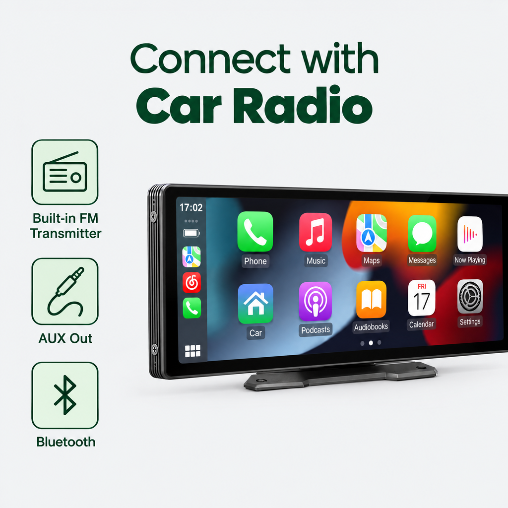Connect with car radio via FM transmitter, AUX or Bluetooth